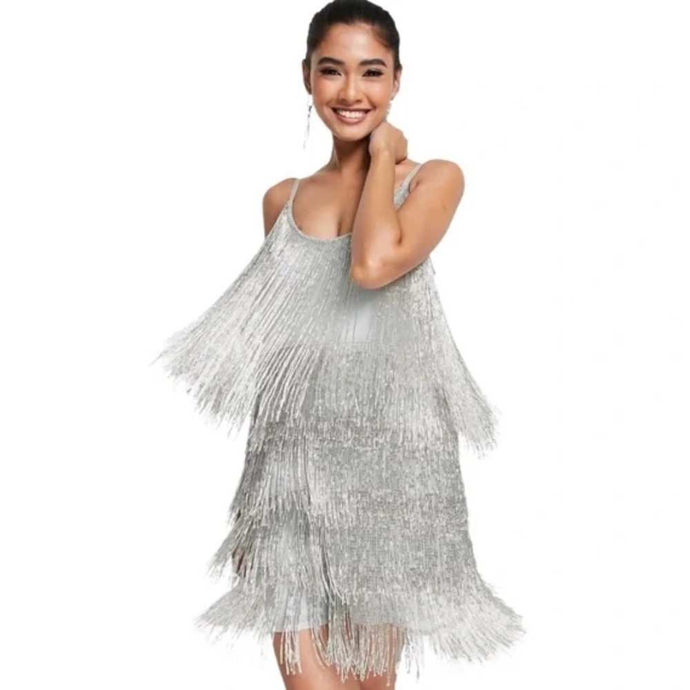 ASOS DESIGN Silver Embellished Fringed Fringe Minidress Mini Dress
